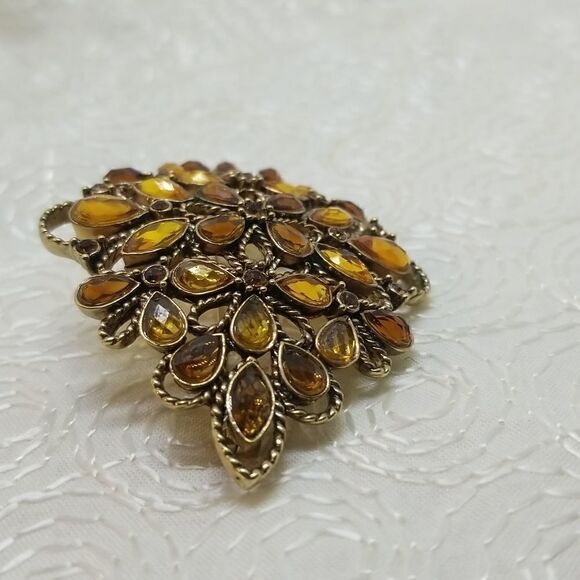 Monet Brooch Pin Crystal Brown  Gold Teardrop Round Oval Twisted Gold Brooch Pin - Picture 4 of 9